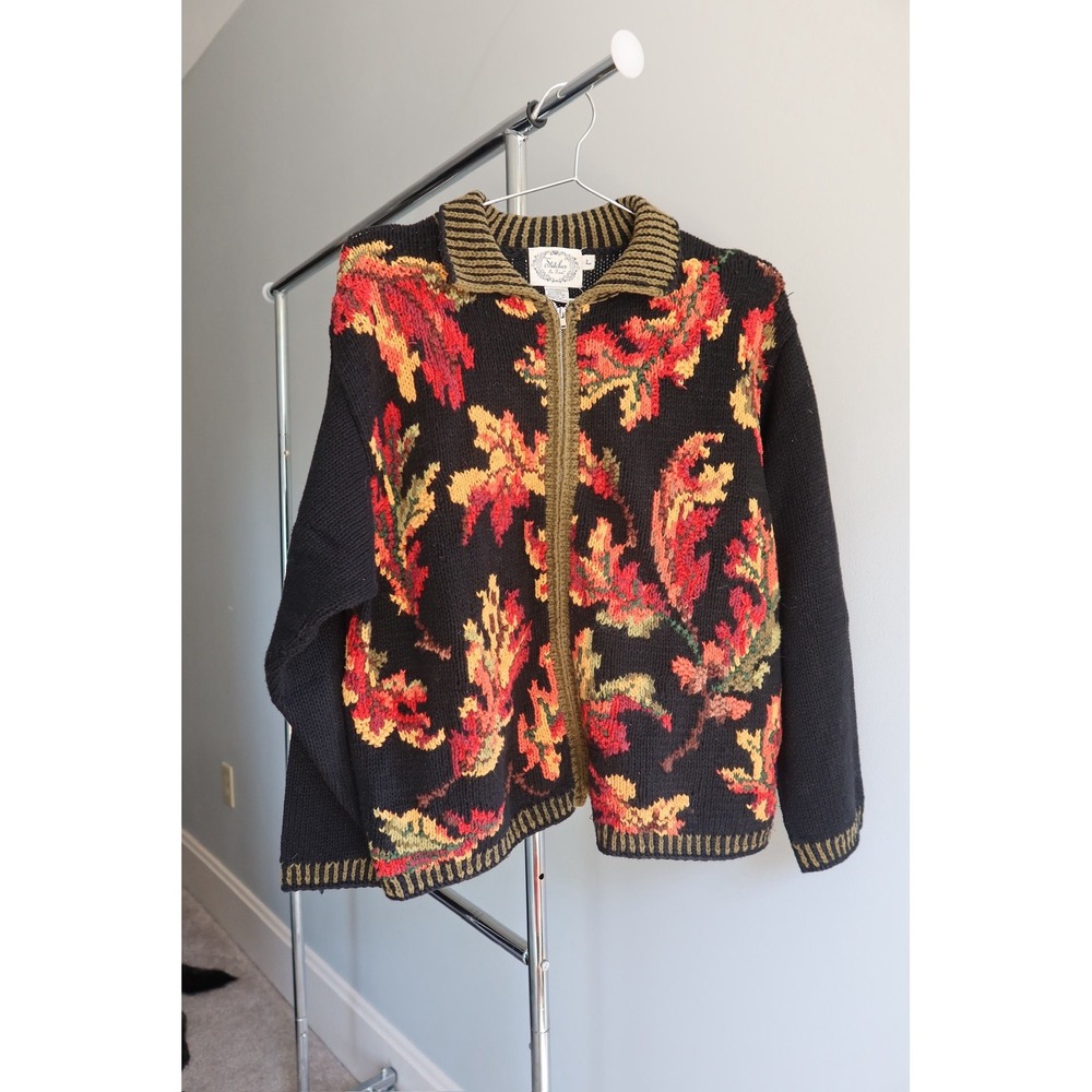 Stitches In Time‎ L Fall Leaves Floral Knit Zip Cardigan